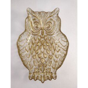 Glass Owl Shaped Bowl Dish Tray Gold Painted Glassware Accent Gift Cabin Decor